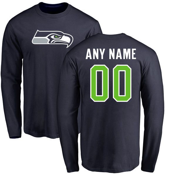 Men Seattle Seahawks NFL Pro Line Navy Any Name and Number Logo Custom Long Sleeve T-Shirt